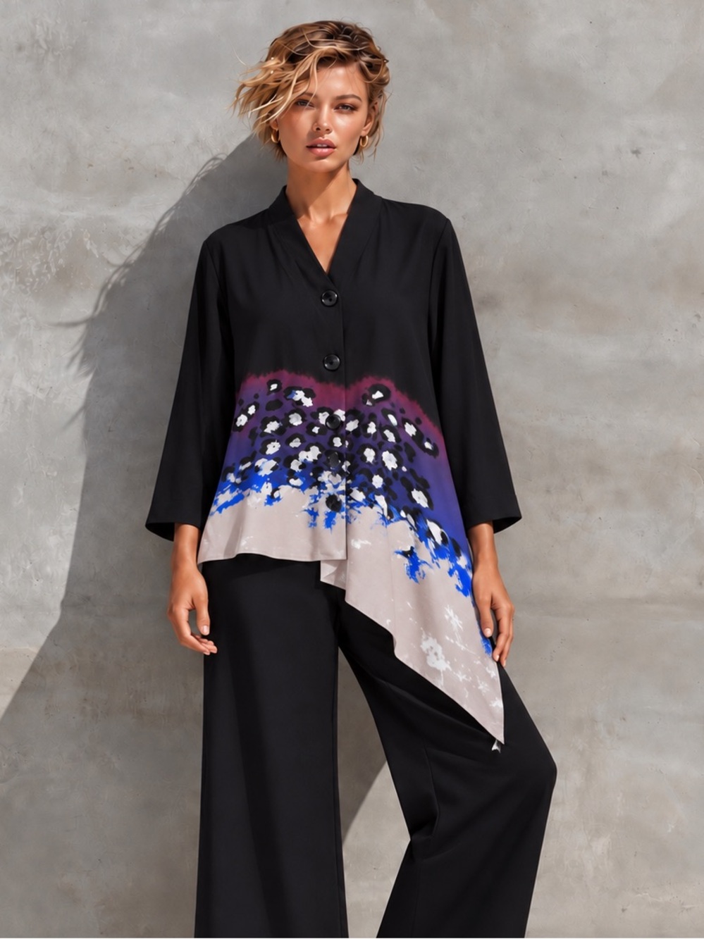 Caroline Rose Black Purple Blue Abstract Asymmetrical Tunic Jacket Top XL